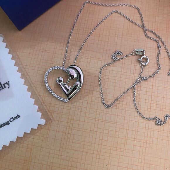 Mom & Child Eternity Sterling Silver CZ Heart Necklace - Picture 1 of 7